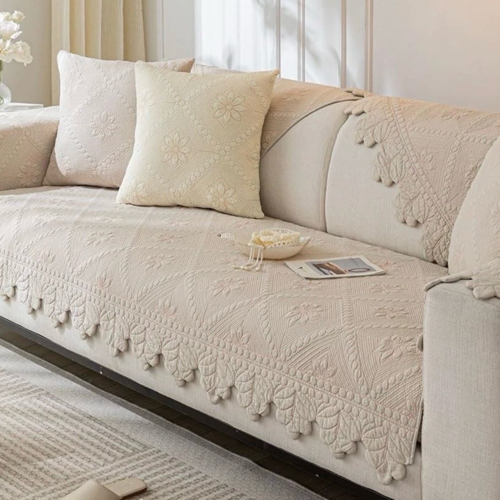 Farmhouse 100% Cotton Quilted Couch Sofa Cover Set Floral Embroidered Non-Slip - Picture 2 of 7